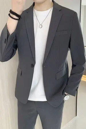 Men's Suit Jackets Slim Fit Business Dress Male Blazer Gray Thin Summer Menswear Elegant Coat Korean Style Clothes Fashion 2025