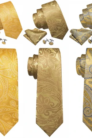 Barry.Wang Jacquard Gold & Yellow Men's Tie With Pocket Square Cufflinks Set Exquisiet Necktie For Male Wedding Business